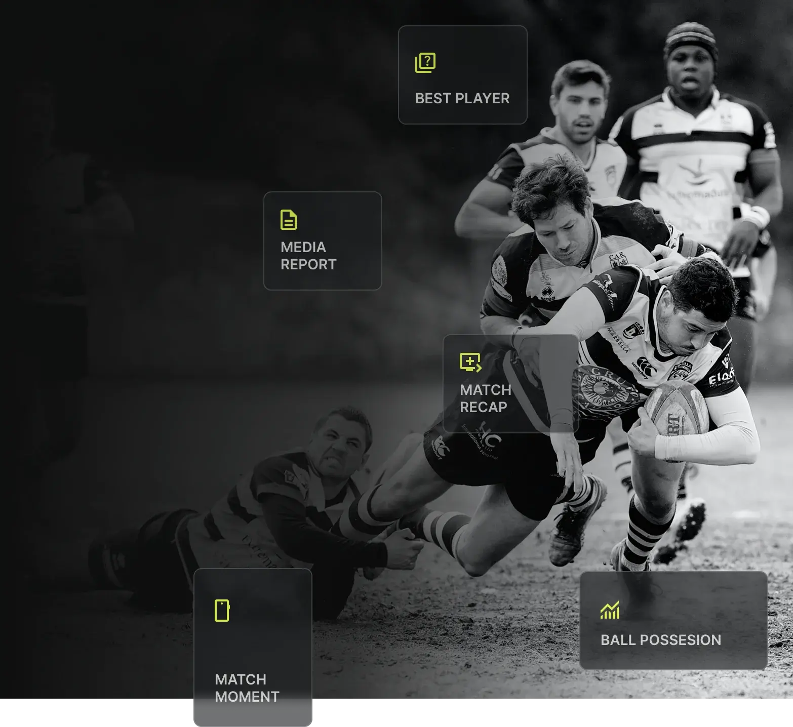 Monochrome rugby action image with layered Asport output format overlays.